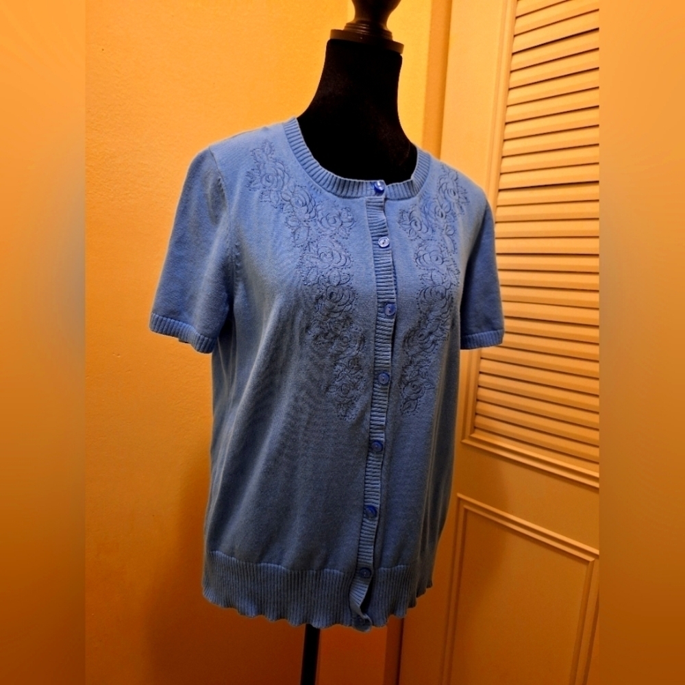 LOFT Cottagecore Blue Embroidered Short Sleeve Sweater Cardigan